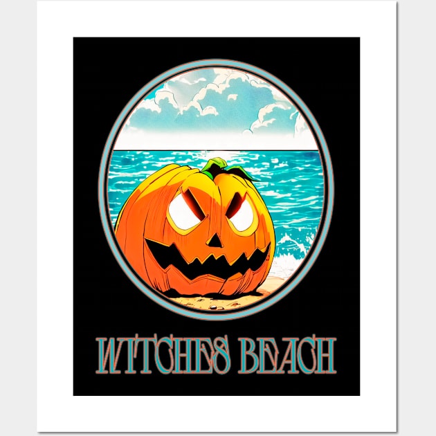 aggressive laughing halloween pumpkin on the beach with a tan on the bloody witches beach Wall Art by Quileos